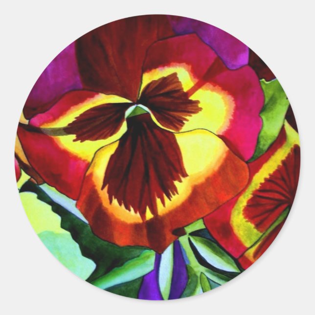 Rote Stiefmütterchen Aquarell Blume Originale Kuns Runder Aufkleber (Vorderseite)
