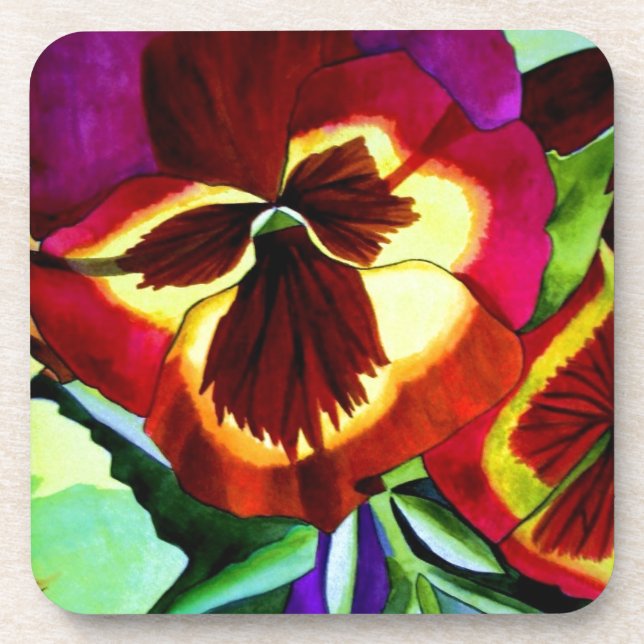 Rote Stiefmütterchen Aquarell Blume Originale Kuns Untersetzer (Vorderseite)