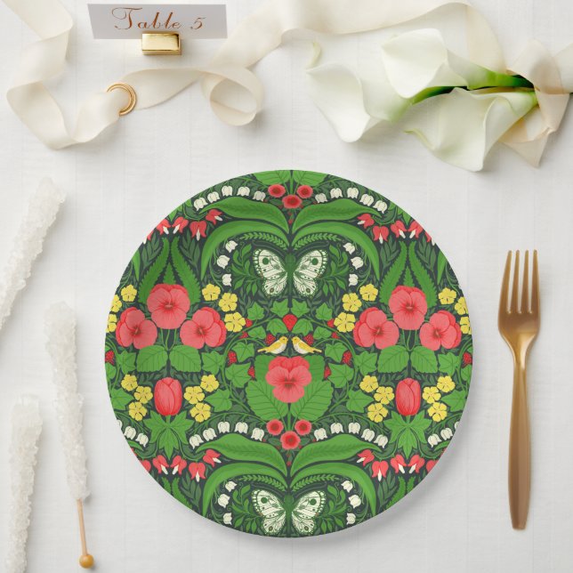 Rote Stiefmütterchen, Vögel und Schmetterlinge Pappteller (Hochzeit)