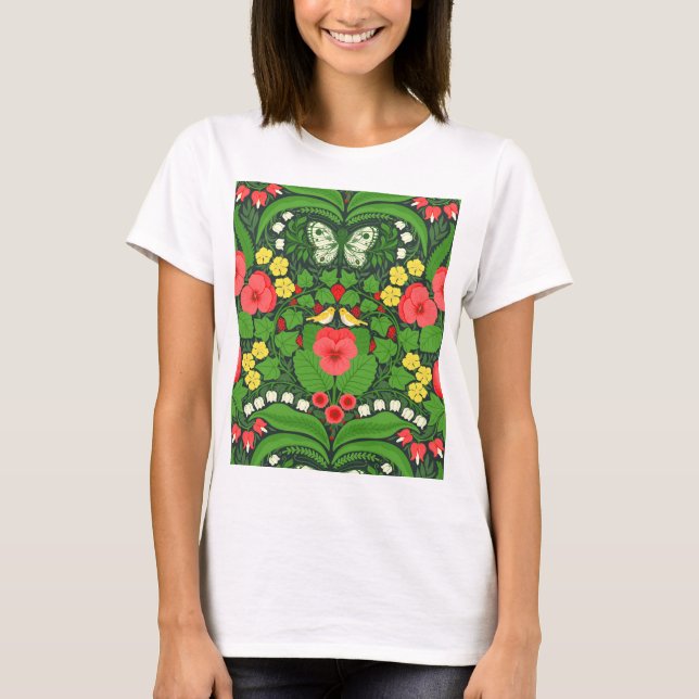 Rote Stiefmütterchen, Vögel und Schmetterlinge T-Shirt (Vorderseite)