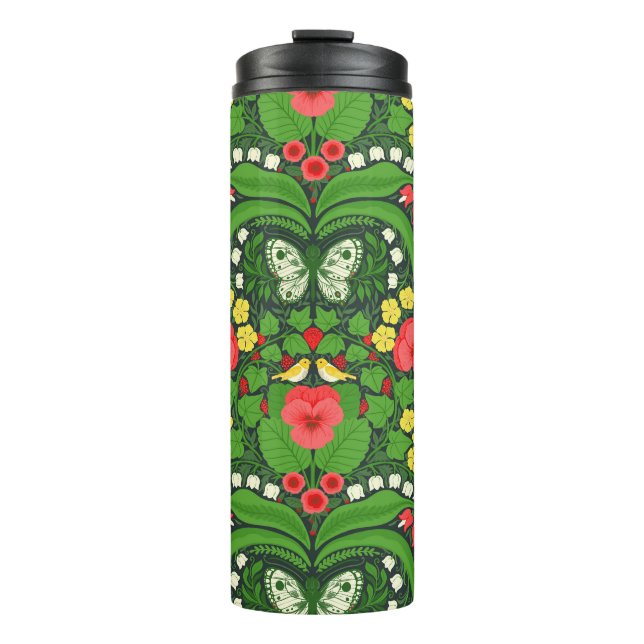 Rote Stiefmütterchen, Vögel und Schmetterlinge Thermosbecher (Vorderseite)