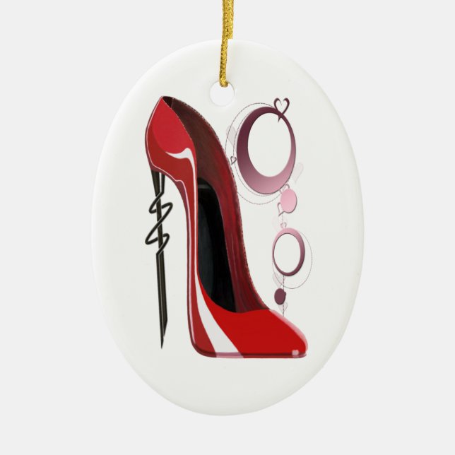 Rote Stilett-Schuh-Kunst und Armbänder Keramik Ornament (Vorne)