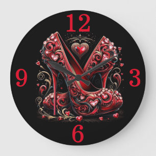 Rote Stilettos und Herz Große Wanduhr