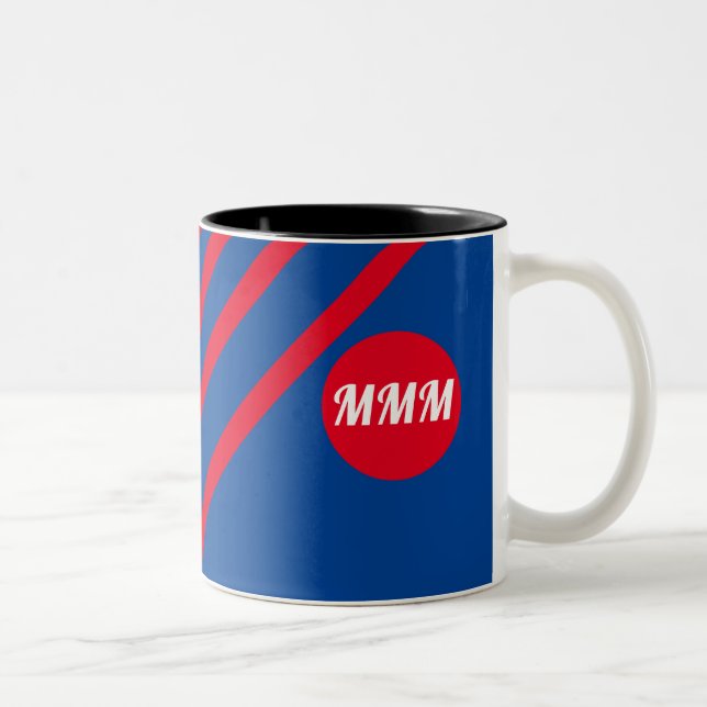 Rote Streifen auf blauem Monogramm Zweifarbige Tasse (Rechts)