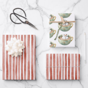 Rote Streifen Weihnachten Glücklich Marshmallow Geschenkpapier Set