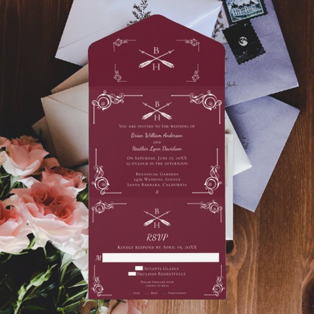Rote Tafel und Pfeile All In One Einladung (Wine Monogram and Arrows Wedding All in One Invitation)
