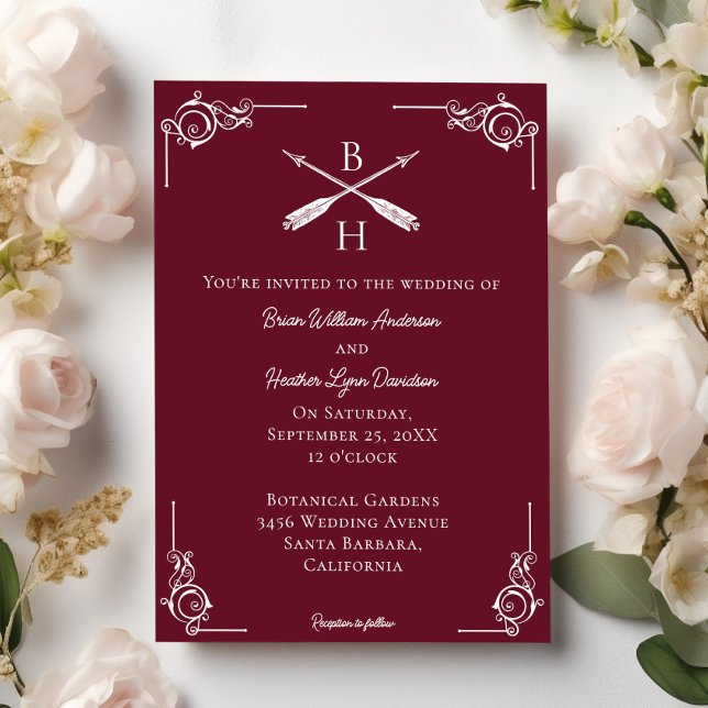 Rote Tafel und Pfeile Einladung (Wine Red Monogram and Arrows Wedding Invitation)