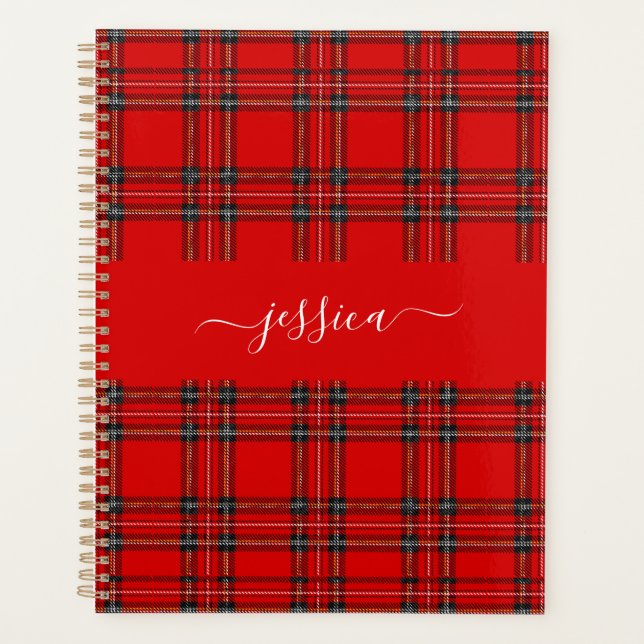 Rote Tartan-Karodecke-Schriftname-Mappe Planer (Vorderseite)
