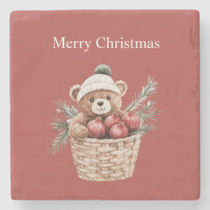 Rote Teddybär-Korb Granatäpfel Weihnachten Steinuntersetzer