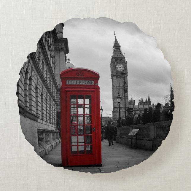 Rote Telefonzelle in rundem Kissen Londons (Vorderseite)