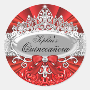 Rote Tiara & Damast Quinceanera Aufkleber