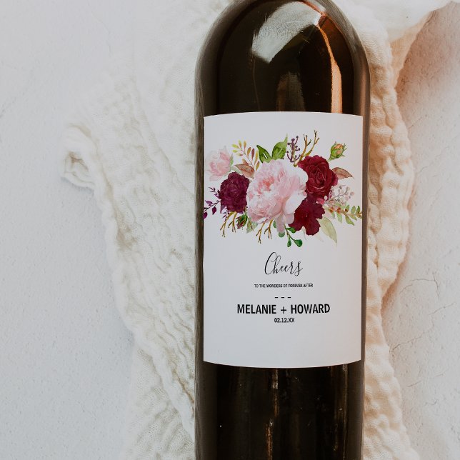 Rote tropische und romantische Hochzeitweilige Wei Weinetikett (Von Creator hochgeladen)