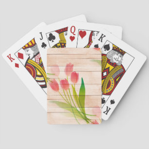 Rote Tulips auf dem Hintergrund von sauberem Holz Spielkarten