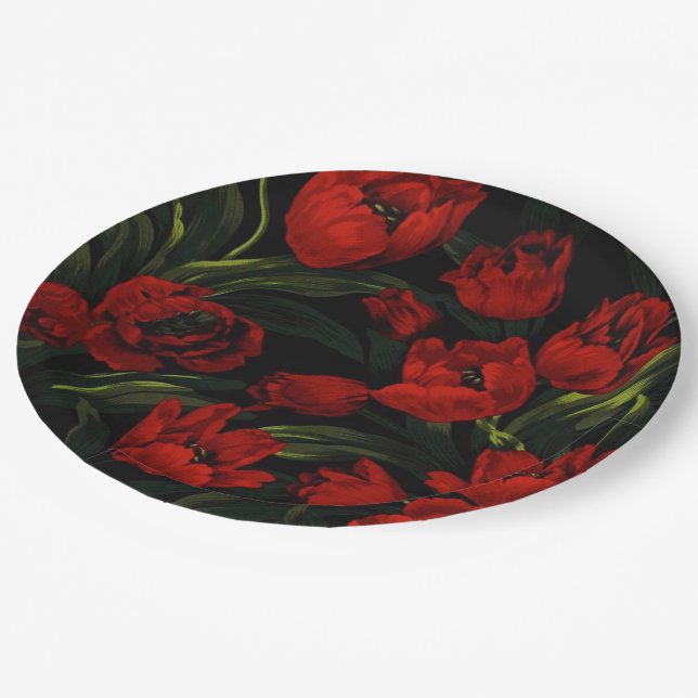 Rote Tulips auf schwarz Pappteller (Schrägansicht)