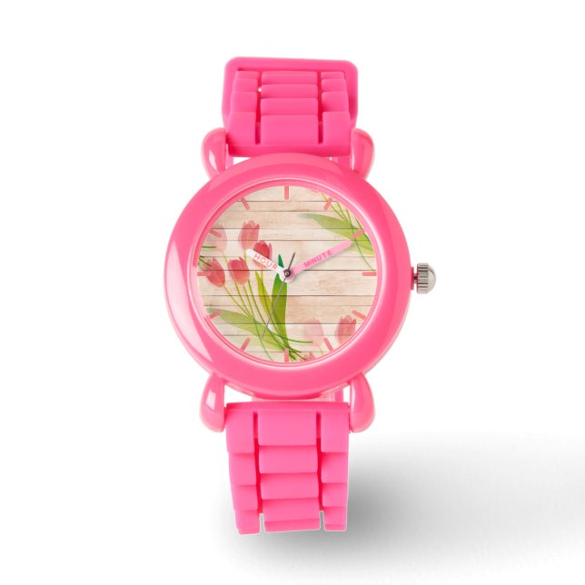 Rote Tulips im Hintergrund für sauberes Holz Armbanduhr (Vorderseite)
