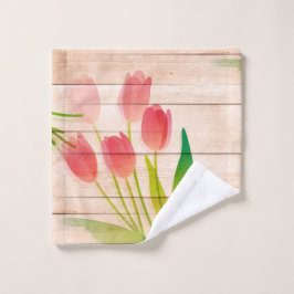 Rote Tulips im Hintergrund für sauberes Holz Badhandtuch Set
