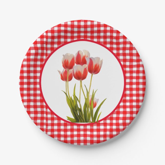 Rote Tulpe mit Gingham Pappteller (Vorderseite)
