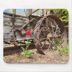 Rote Tulpe und alter Wagen Mousepad