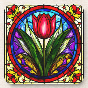 Rote Tulpe und farbenfrohe Blumenelemente Getränkeuntersetzer