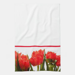 Rote Tulpen auf einem weißen Küchenhandtuch Geschirrtuch