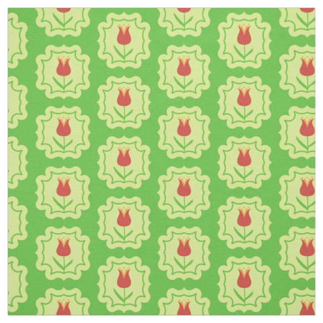 Rote Tulpen auf Grün - Retro Frühlingsblumenmuster Stoff (Muster)