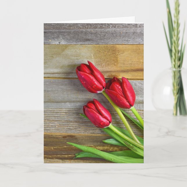 rote Tulpen auf Holz Karte (Vorderseite)