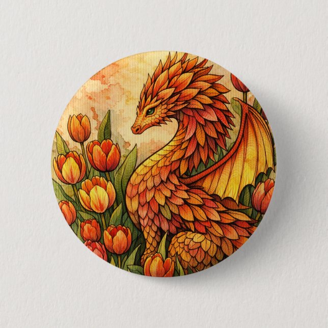 Rote Tulpen Drache Frühling Drachen                Button (Vorderseite)