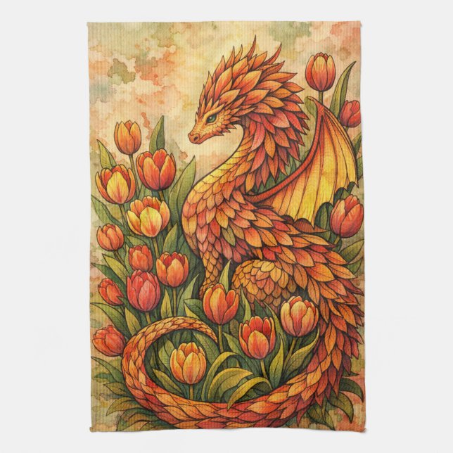 Rote Tulpen Drache Frühling Drachen                Geschirrtuch (Vertikal)
