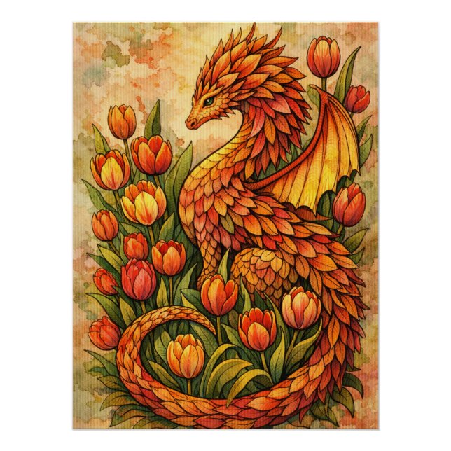 Rote Tulpen Drache Frühling Drachen                Poster (Vorderseite)