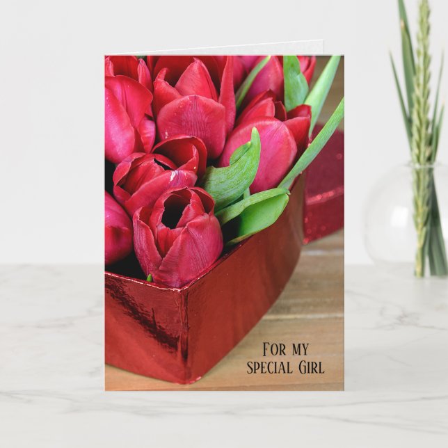rote Tulpen in der Herzbox Karte (Vorderseite)