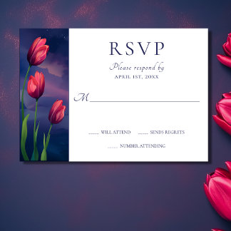 Rote Tulpen, Sterne und Vollmondhochzeit RSVP Karte