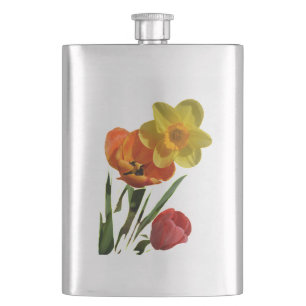Rote Tulpen und gelbe Osterglockenblumen Flachmann