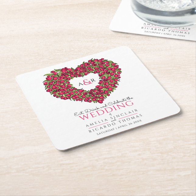 Rote Tulpenkrautfarbe zeichnend Monogramm Hochzeit Rechteckiger Pappuntersetzer (angewinkelt)