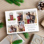 Rote Tür | Neue Zuhause Foto Collage Feiertagskarte<br><div class="desc">Teilen Sie Ihre neue Adresse mit Freunden und Familie,  zusammen mit 4 Fotos,  mit unseren stilvollen Foto-Ankündigungen für die Feriensaison. Design beinhaltet eine feierliche Ankündigung (gezeigt mit "wir decken neue Hallen"),  Ihre Namen und neue Adresse zusammen mit einer skizzierten Abbildung einer roten Haustür mit einem grünen Weihnachtskranz.</div>