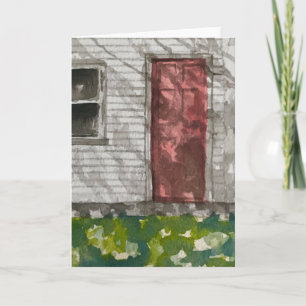 Rote-Tür-Weißes-Haus-Aquarell-Kunst-Grußkarte Karte
