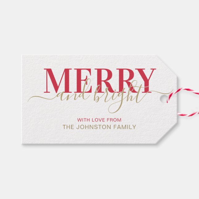 Rote Typografie froh und hell Weihnachten Geschenkanhänger (Vorderseite (Horizontal))