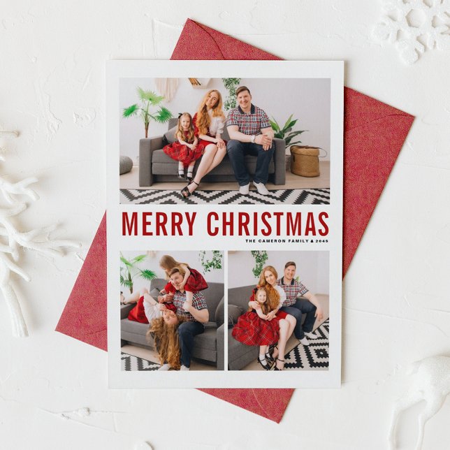 Rote Typografie Frohe Weihnachten Drei Foto (Modern Red Typography Three Photo Collage Merry Christmas Card)