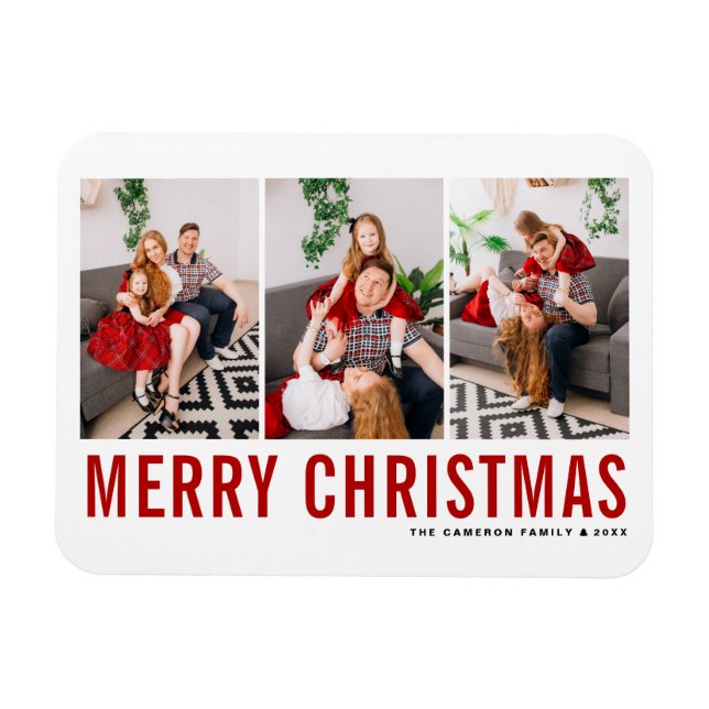 Rote Typografie Frohe Weihnachten Drei FotoCollage Magnet (Horizontal)