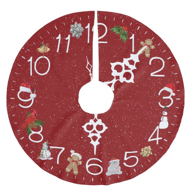 Rote Uhr mit Weihnachtselementen Polyester Weihnachtsbaumdecke (Vorderseite)