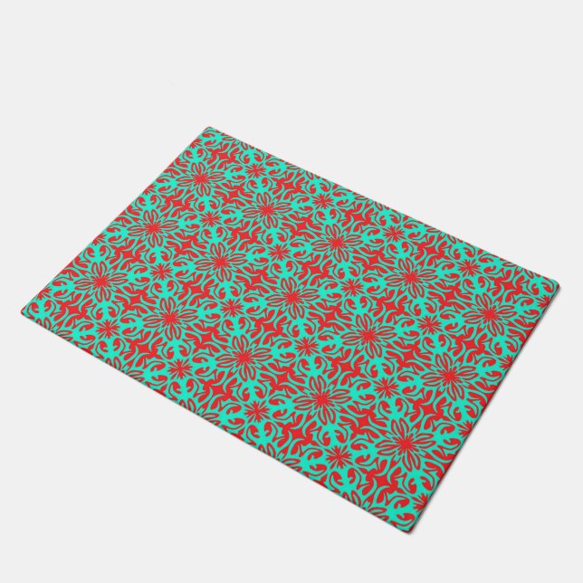 Rote und aquamarine Blumen Fußmatte (Schrägansicht)