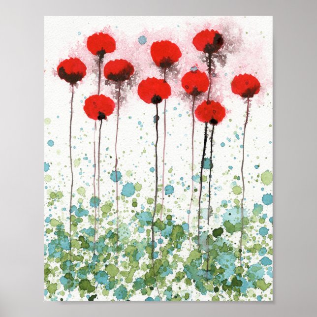 Rote und Aquapulte, Aquarellmauer, Blume Poster (Vorne)