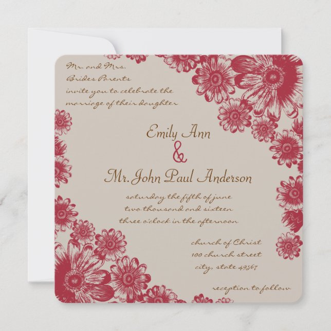 Rote und Beige Daisy Einladungen für Hochzeiten (Vorderseite)