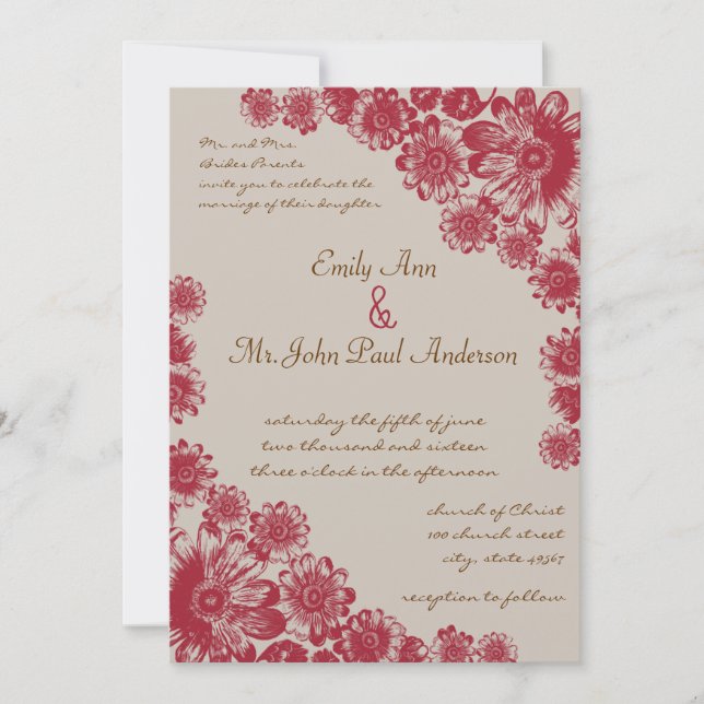 Rote und Beige Daisy Einladungen für Hochzeiten (Vorderseite)