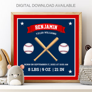 Rote und blaue Baseballschläger und -bälle Geburts Poster