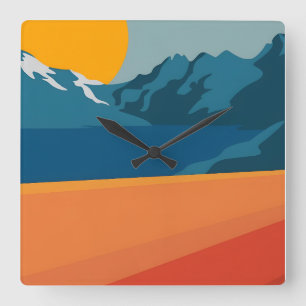 Rote und blaue Bergwelt - Retro Outdoor Adve Quadratische Wanduhr