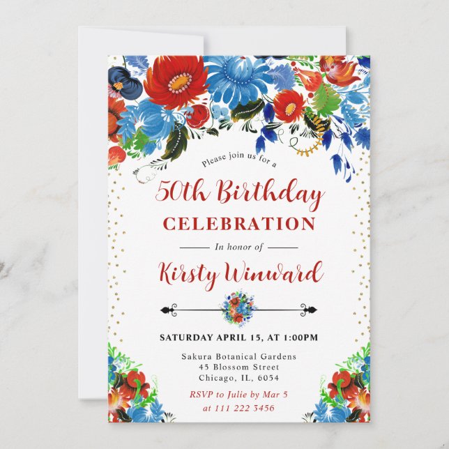 Rote und blaue Blumen 50. Geburtstag Einladung (Vorderseite)
