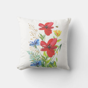 Rote und blaue Blumen auf weißem Grund Kissen