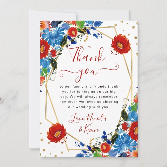 Rote und blaue Blumen Dankeskarte (Vorderseite)
