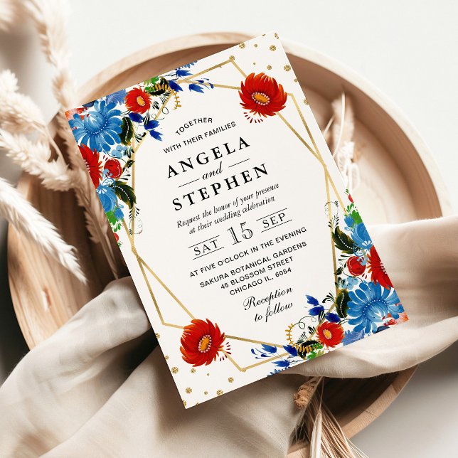 Rote und blaue Blumen Goldrahmen Hochzeit in Einladung (Von Creator hochgeladen)
