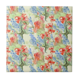 Rote und blaue Blumen im Retro-Stil Fliese
